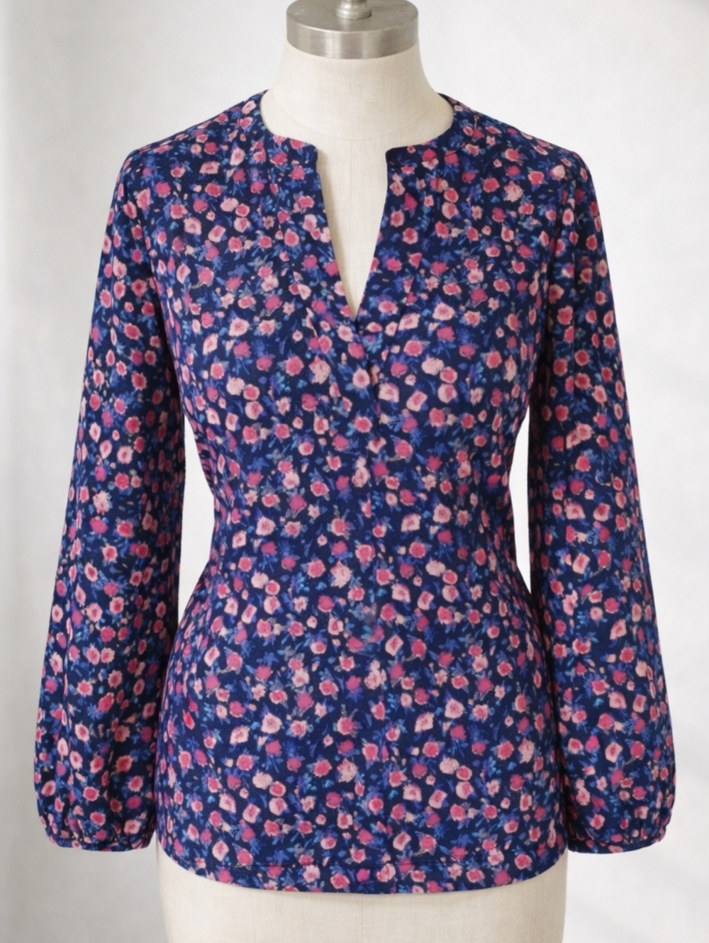 J.Crew Navy Pink Floral Split V-Neck Crepe Blouse Balloon Sleeve Size S